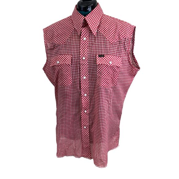 Vintage Wrangler Red Gingham Sleeveless Pearl Snap Western Shirt XL USA Made - Picture 1 of 16